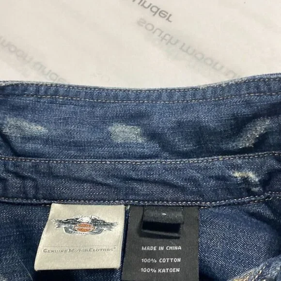 Harley Davidson Womens S Pearl Snap Close Studded  Denim Jean Shirt Roll Tab  Bl - Picture 12 of 12